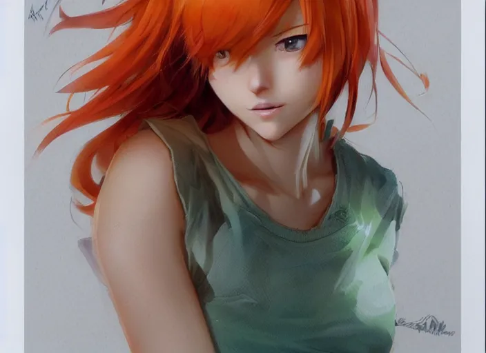 Image similar to portrait Anime Girl with orange hair and freckles, green eyes fine face pretty face, realistic shaded Perfect face, fine details. Anime. by katsuhiro otomo magali villeneuve, artgerm, rutkowski Jeremy Lipkin and Giuseppe Dangelico Pino and Michael Garmash and Rob Rey