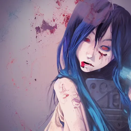 Image similar to urban school zombie girl in tattered clothes fanart, dark blue long hair, muted colors, matte print, pastel colors, ornate, digital art, cute smile, digital painting, fan art, elegant, pixiv, by Ilya Kuvshinov, by Studio Ghibli