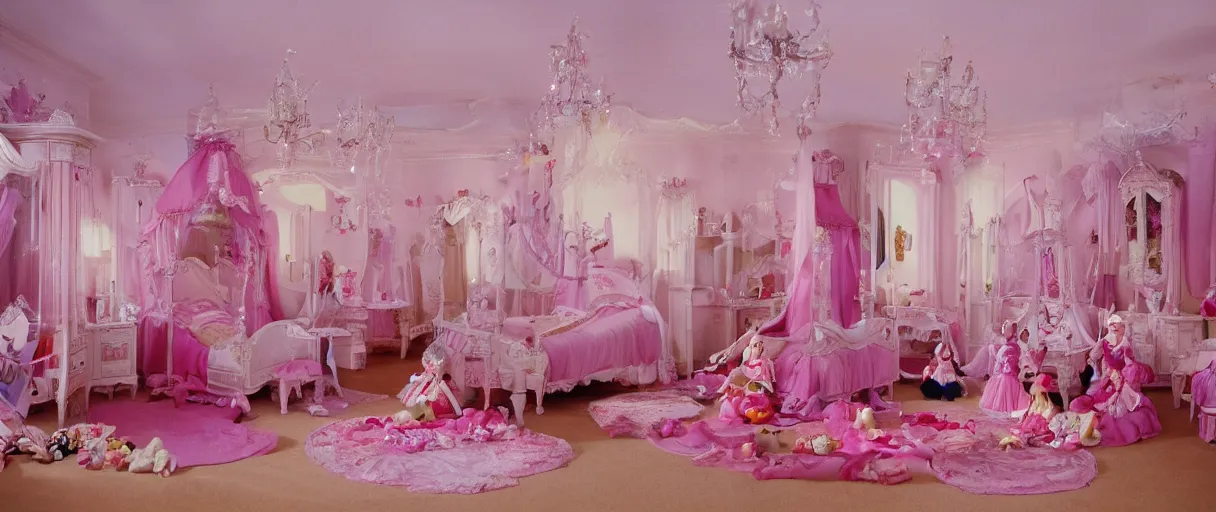 Image similar to movie still 4 k uhd 3 5 mm film color photograph of an princess room full of toys and dolls