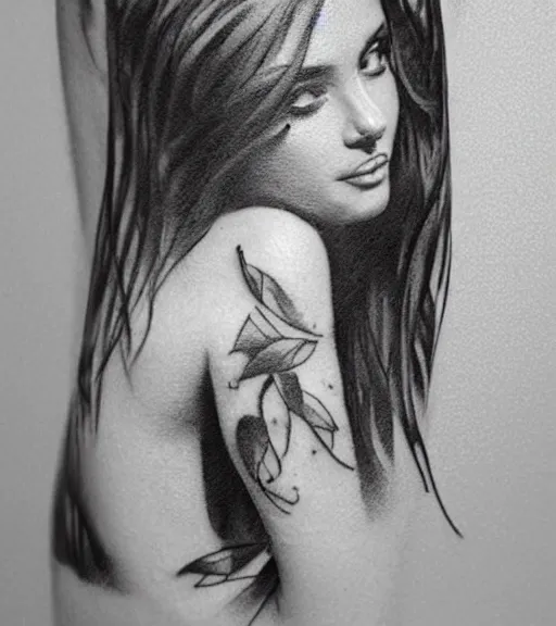 Prompt: tattoo design sketch of a beautiful girl portrait in front of a faded mountain background, in the style of den yakovlev, black and white, realism tattoo, hyper realistic, highly detailed