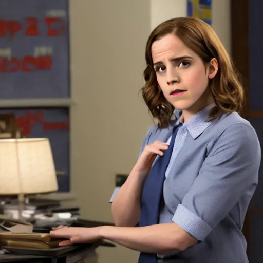 Prompt: emma watson as Pam Beesly in the TV show the office promotional images