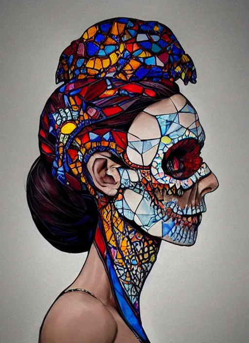 Prompt: beautiful woman wearing a dress made from stained glass in the design of a skull. painting by artgerm and greg rutkowski and ilya kuvshinov