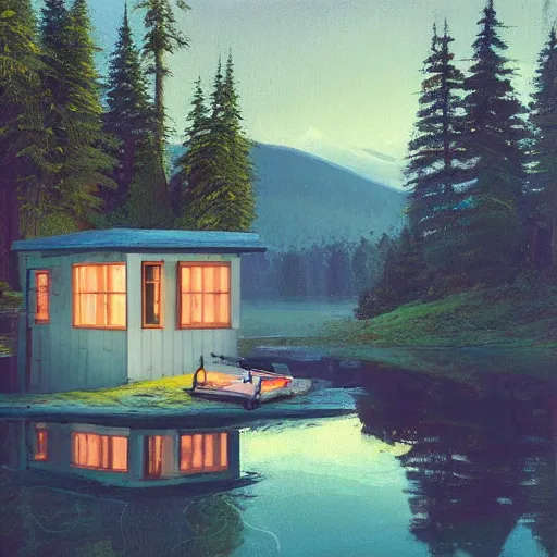 Image similar to small robot cottage at the edge of a lake in the mountains, painterly painting by gurney and beeple, soft glowing windows, early evening, reflections, pine trees, detailed, outlined