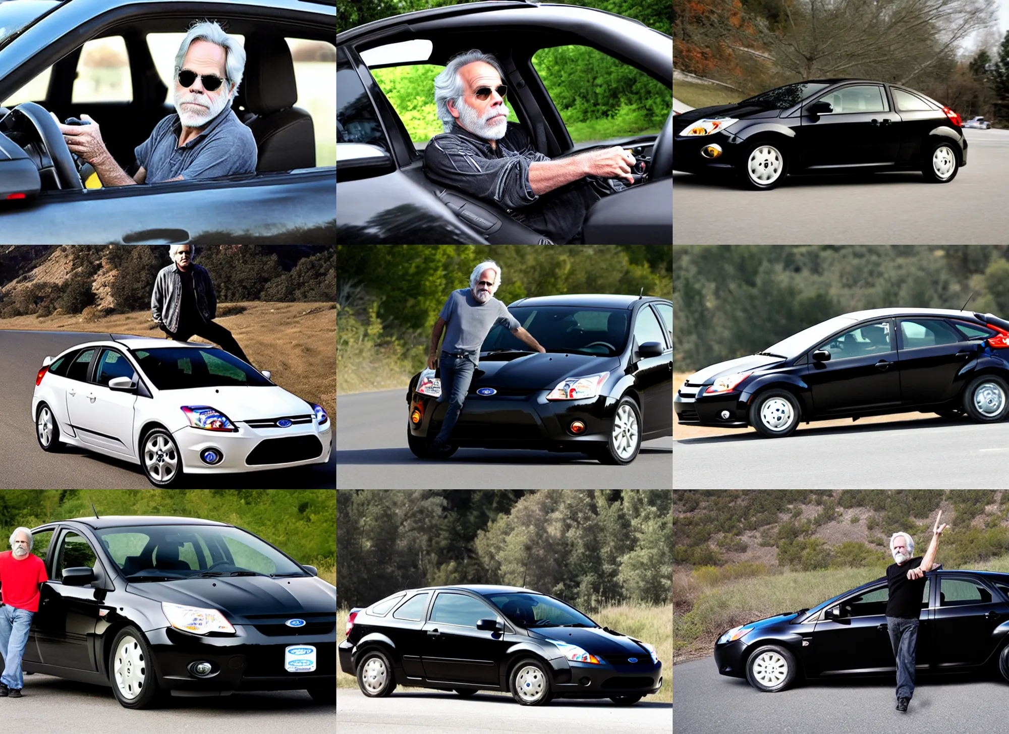 Prompt: bob weir driving a black 2 0 1 0 ford focus hatchback