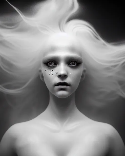 Image similar to monochrome, delicate, dreamy, feminine, subsurface scattering, white, young beautiful robot - cyborg in cosmos long white hair floating in air, fluid smoke art, black and white, octane render, dino valls, mark ryden, joe fenton, michal karcz, highly detailed, rim light, art, cinematic lighting, hyper realism, 8 k