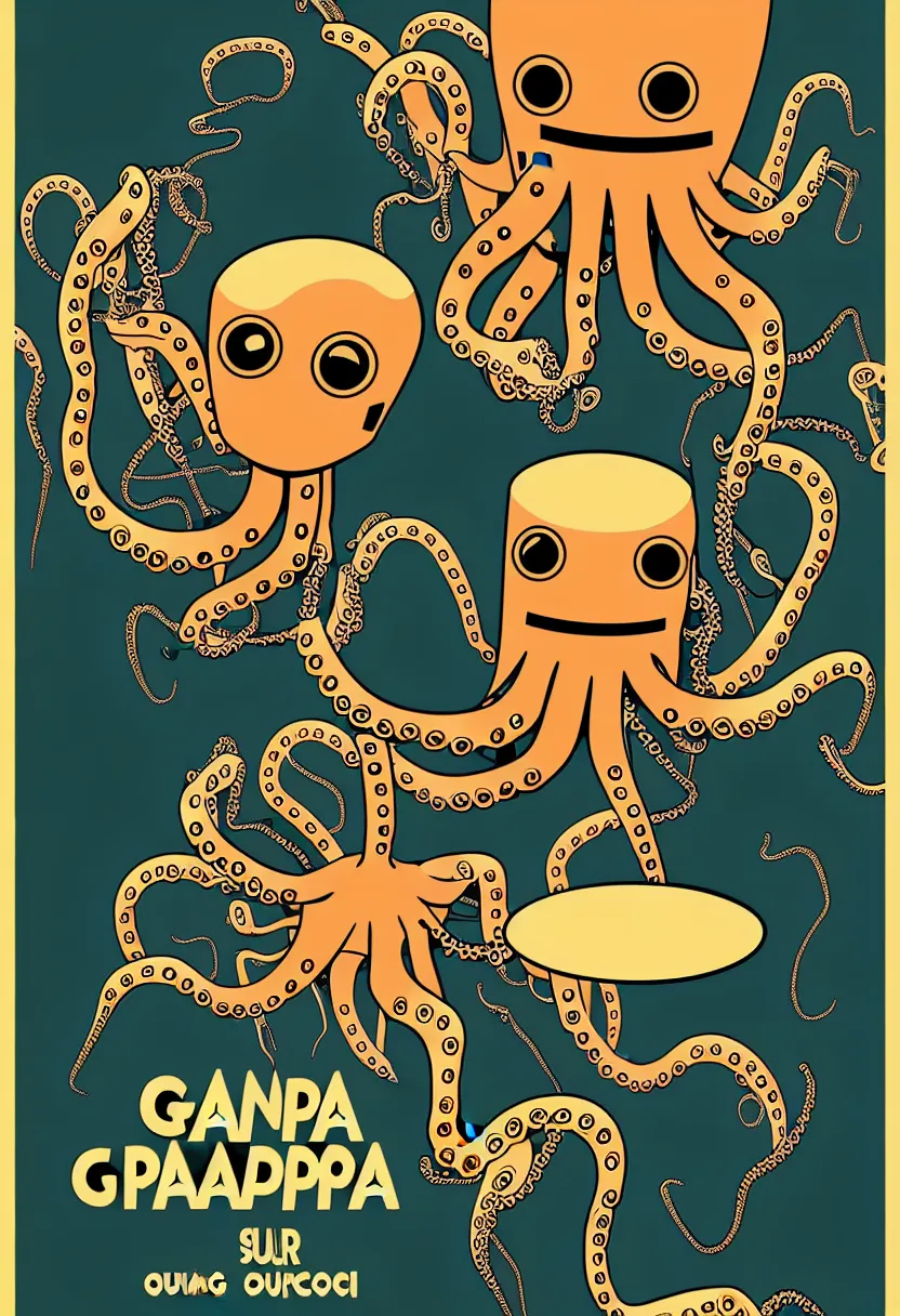 Image similar to concert poster for 'Grandpa Finger', dying robot octopus, vector art, 8k, highly detailed illustration