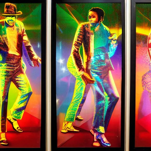 Prompt: holographic triptych depicting the emancipation of michael jackson