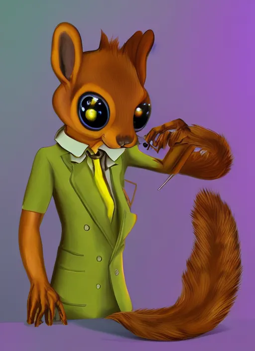Prompt: squirrel anthro as a dapper bartender with a big fluffy tail, retro futurism, art deco, detailed painterly digital art, 🐿🍸🍋, furaffinity, trending on artstation