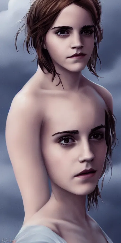 Image similar to emma watson by wlop. artstation contest winner, cinematic paint. lower shot. dramatic cloud in background.