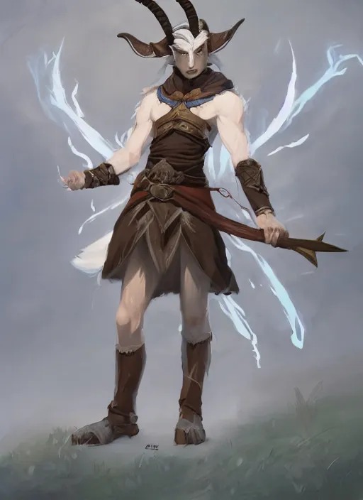 Image similar to concept art painting of a hybrid goat person with brown skin and short white hair, demon horns, elf ears, blue tunic and robes, detailed, d & d style, cel shaded, in the style of ruan jia and artgerm and makoto shinkai and james gurney