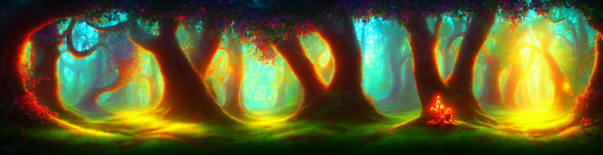 Image similar to enchanted magical forest on magical colorful fire , digital painting , digital art , artstation , devian art , 4k , HD