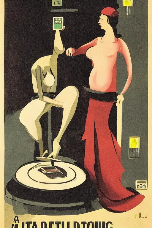 Image similar to a weighing machine with a businesswoman on the left plate and cash on the right plate. Italian Futurist poster art