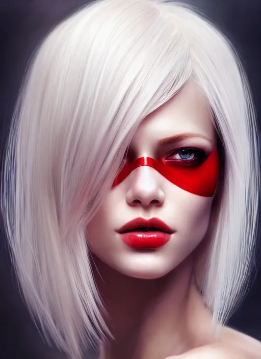 Image similar to photo of gorgeous woman with platinum blonde and red hair in the style of stefan kostic, realistic, half body shot, sharp focus, 8 k high definition, insanely detailed, intricate, elegant, art by stanley lau and artgerm, foggy backgeound