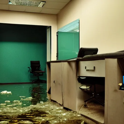 Prompt: backrooms office space, ominous lighting, moldy walls, momo wading in shallow water