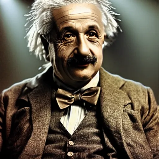 Image similar to albert einstein as willy wonka in gears of war, splash art, movie still, detailed face, photorealistic facial features, cinematic lighting, dramatic, octane render, long lens, shallow depth of field, bokeh, anamorphic lens flare, 8 k, hyper detailed, 3 5 mm film grain