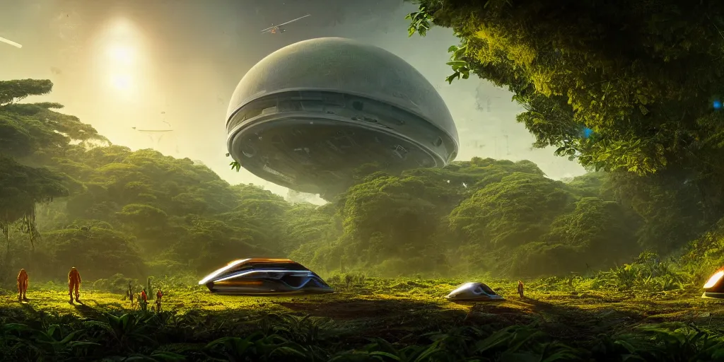 Image similar to a huge futuristic rusty old alien spaceship, next to it a smaller exploration ship on a landing pad, surrounded by a lush jungle, in the foreground two explorers are having a conversation and small animals! are walking around, golden hour, volumetric light, hyperdetailed, artstation, cgsociety, 8k