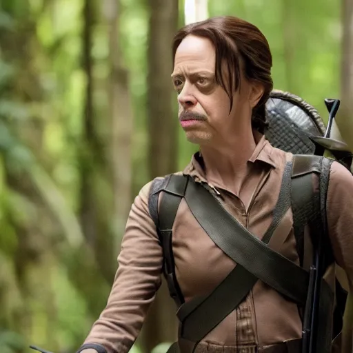 Image similar to movie still of Steve Buscemi as Katniss in The Hunger Games