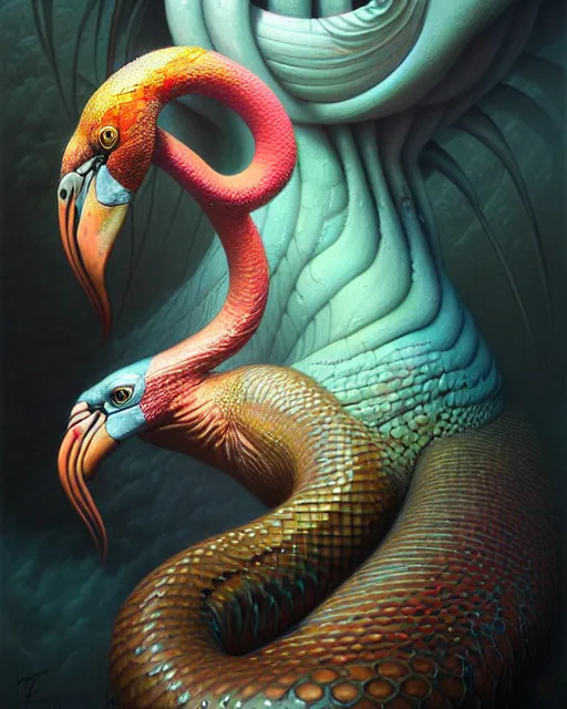 Image similar to a detailed portrait of dreampunk flamingo python hybrid mix by tomasz alen kopera and peter mohrbacher