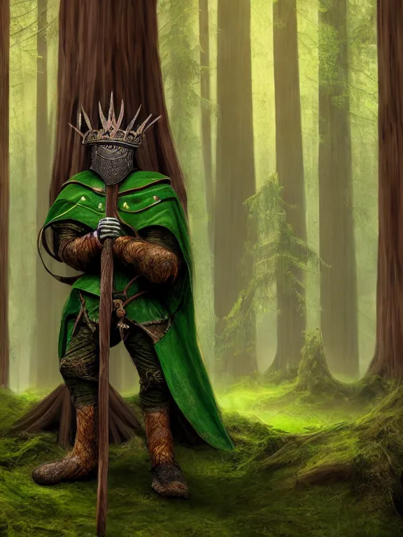 Prompt: full portrait of a green knight, giant wooden club, wooden bark armor, green cloak, in a redwood forest, high fantasy, highly detailed, smooth, matte painting, by midjourney