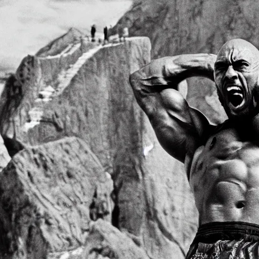 Prompt: photo of the rock flexing and yelling let's go!, bell visible in the background on his left, low perspective, isometric perspective, film scene