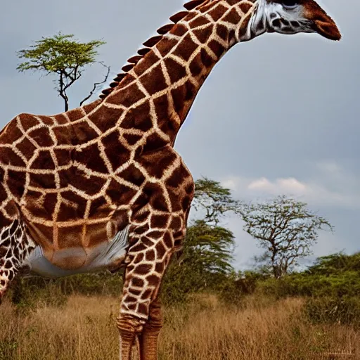 Prompt: a Giraffe with the armor of a pangolin, national geographic photograph