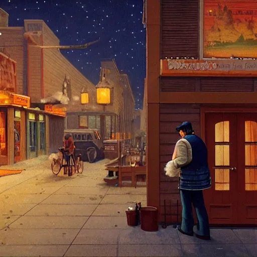 Image similar to a man in a shearling denim jacket smokes a cigarette outside a lonely colorado bar, art by angus mcbride, hd, night scene, composition inspired by gregory crewdson.