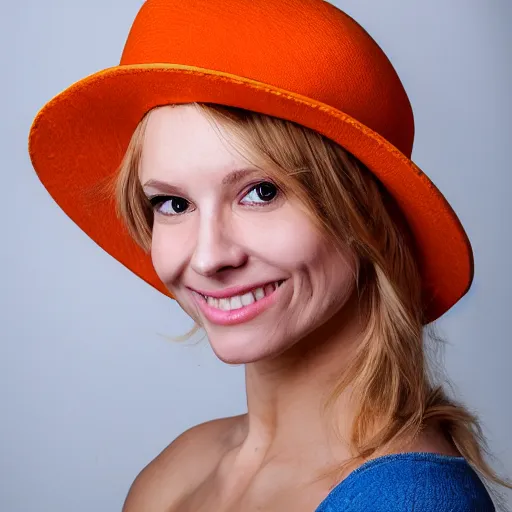 Image similar to portrait tres jolie d'une souriante femme 2 5 ans ongle 9 0 degree, cheveux moyen jaune blonde caractere avec un chapeau orange, cheveaux sorte un peu du chapeau, la femme mets sa main sur le chapeau pour essayer de le retenir.