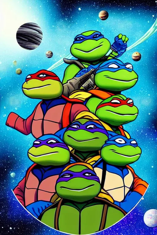 Image similar to the ninja turtles floating in deep space with a beautiful galaxy behind them