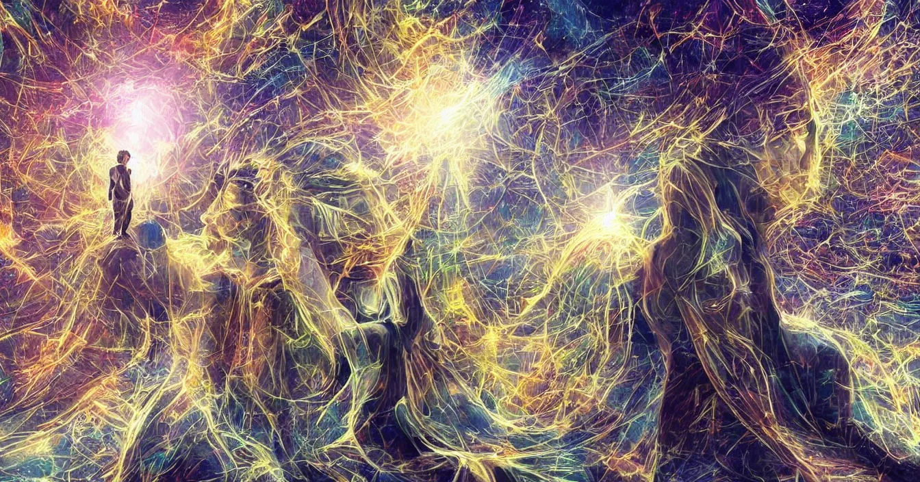 Prompt: Human egos are trapped in the illusion of physical reality, sitting in a front of wide screen, where the light of consciousness project their lives, realistic image full of sense of spirituality, life meaning, meaining of physical reality, happy atmosphere, beautiful concept art, super detail