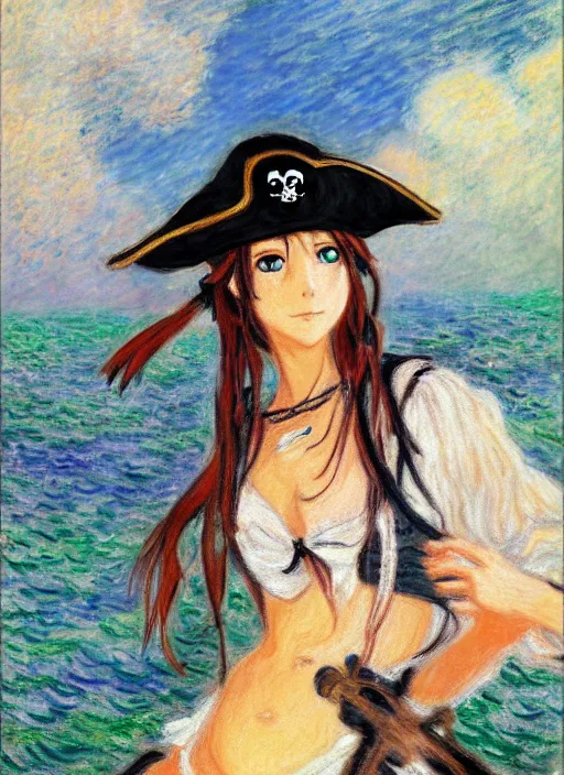 Image similar to a portrait of a female pirate, very anime in impressionist style, trending artwork, 4 k, anime painter studio, by claude monet