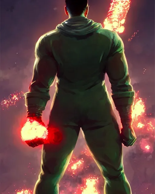 Image similar to gigachad luigi bodybuilder standing in front of a atomic blast like one punch man wearing a suit in the fight club city, fantasy character portrait, ultra realistic, anime key visual, full body concept art, intricate details, highly detailed by greg rutkowski, ilya kuvshinov, gaston bussiere, craig mullins, simon bisley