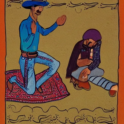 Prompt: cowboy kneeling for prayer, persian folkore illustration