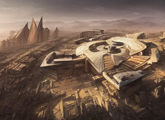 Prompt: Wide shot of Futuristic Sprawling desert megalopolis encircled by mountains and bordered by a shield wall, made of brutalist stone with a futuristic pyramid in the center, by greg rutkowski