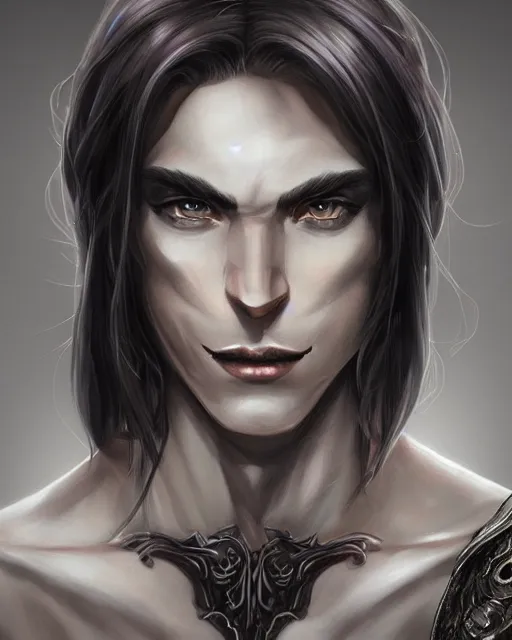 Image similar to portrait of a feminine male dark elf, dark obsidian skin, white tatoo, long hair, fantasy, elegant, intricate, highly detailed, digital painting, artstation, concept art, sharp focus, illustration