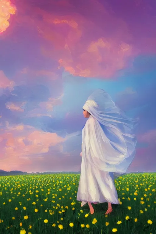 Image similar to giant white daisy flowers as head veil, girl walking in a flower field, surreal photography, sunrise, dramatic light, impressionist painting, colorful clouds, digital painting, artstation, simon stalenhag