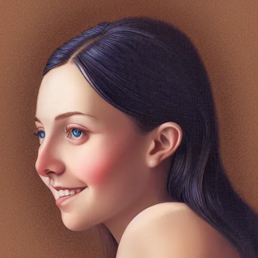 Image similar to full body portrait of a girl with blue eyes, gentle round face, with a bright smile, long dark hair, highly detailed, deep focus, elegant, digital painting, smooth, sharp focus, golden ratio, illustration, ultra realistic, 8 k, art by artgerm and caravaggio