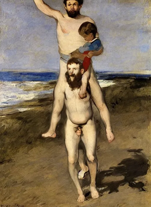 Prompt: a clothed man carrying his child over his shoulders walking near the beach, anatomically correct, painting by manet, masterpiece