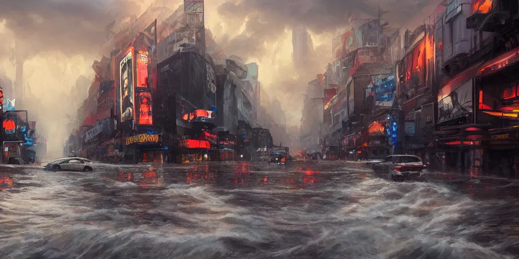 Image similar to hollywood boulevard hit by a biblical flood during a storm, dramatic lighting, beautiful, stunning landscape artwork by artgerm, rutkowski, wlop featured on artstation, cgsociety, behance hd