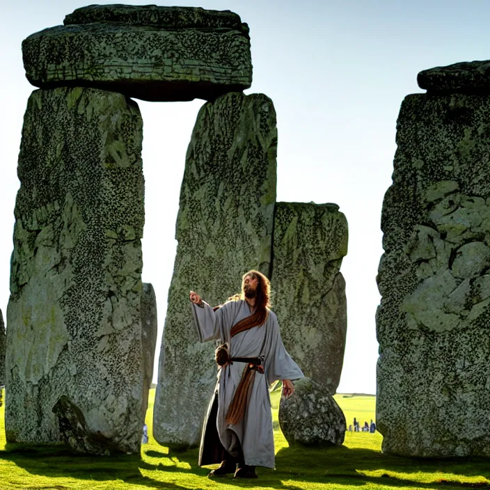 Image similar to photograph of a real-life beautiful druid with ornate robes at stonehenge . Extremely detailed. 8k