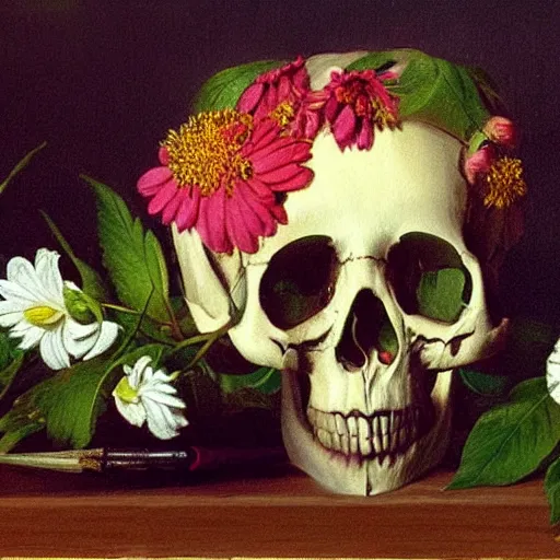 Image similar to a painting by Thomas Cole of a skull with flowers growing out, highly detailed 3d rendering from 1996