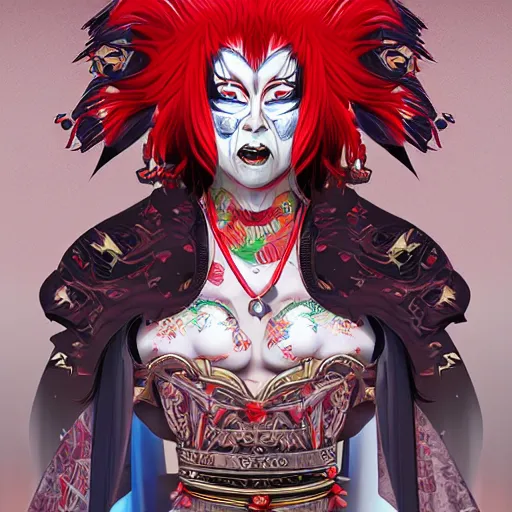 Image similar to an insane kabuki warrior wielding a spear while emitting a distorting psychedelic aura of madness, intricate hakama, red wig, crossed eyes, hazy atmosphere, high energy, trending on artstation, detailed concept art,