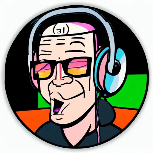 Prompt: svg sticker of a Dancing-Hank-Hill, at a rave, spinning records, giant headphones rocking out, wearing headphones, huge speakers, dancing, rave, DJ, spinning records, digital art, amazing composition, rule-of-thirds, award-winning, trending on artstation, featured on deviantart