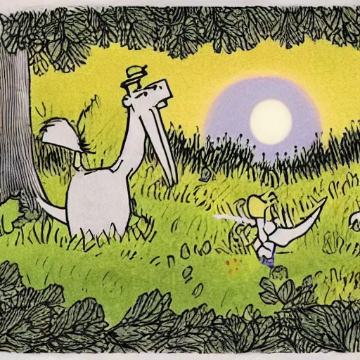 Image similar to a page from a hand illustrated storybook about moomintroll seeing the stars at night on a peaceful summers eve