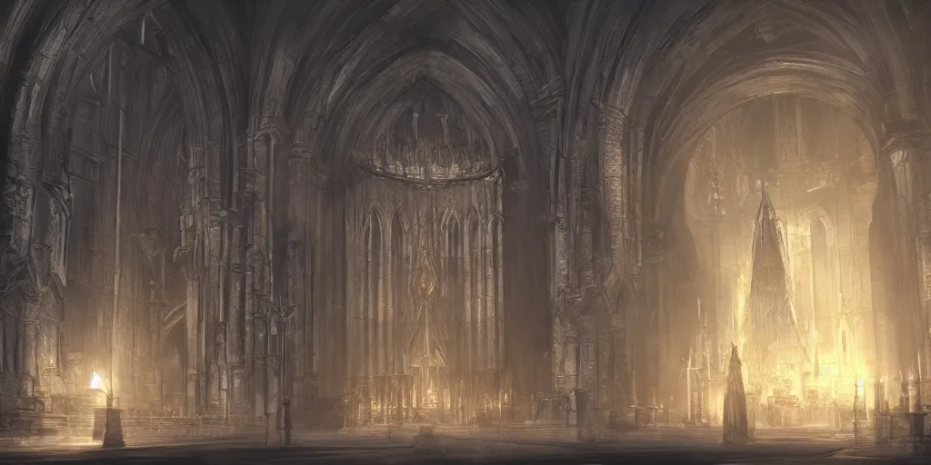 Prompt: inside cathedral from demons souls, gothic art, concept art, digital painting, trending on art station, night time render, moon light, god rays, highly detailed