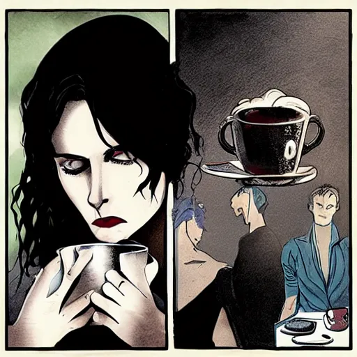 Image similar to an empathetic death from the'the sandman ', realism, soft lighting, cute, kindness, cafe