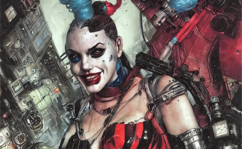 Image similar to a dream portrait of cyberpunk Harley Quinn in post apocalyptic Gotham art by Paul Dini, Travis Charest, Simon Bisley