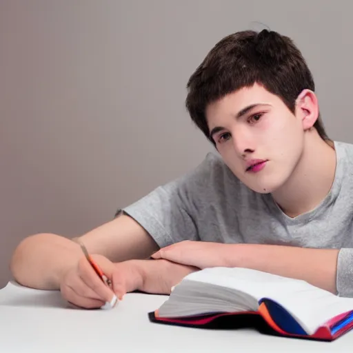 Prompt: a 1 7 years old boy, trying to study for his exams, realistic photo, hyper detailed, studio light