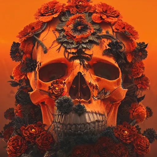 Image similar to skulls and marigold, intricate artwork by Tooth Wu and wlop and beeple. octane render, trending on artstation, greg rutkowski very coherent symmetrical artwork. cinematic, hyper realism, high detail, octane render, 8k, orange and black tones