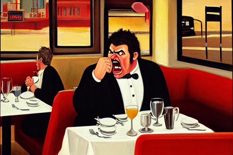 Prompt: a grumpy busser in a restaurant yells at the owner, art by dean macadam