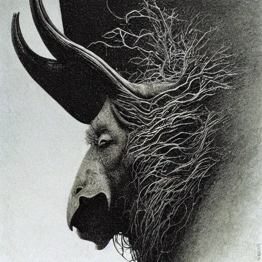 Image similar to a creature with the body and eyes of a man, with the beak of an eagle, the mane of a lion, and the horn of an bull. drawn by zdzislaw beksinski